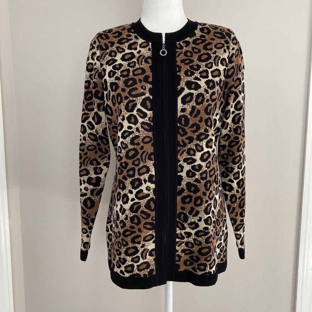 Exclusively Misook Animal Print Full Zip Knit Jacket Size XS Leopard Print